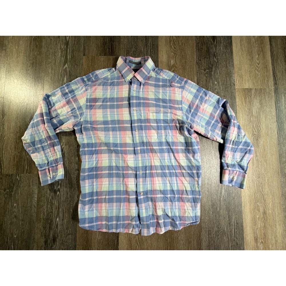 Daniel Cremieux Button Down Mens Large Blue Pink Plaid Cotton Tencel Shirt